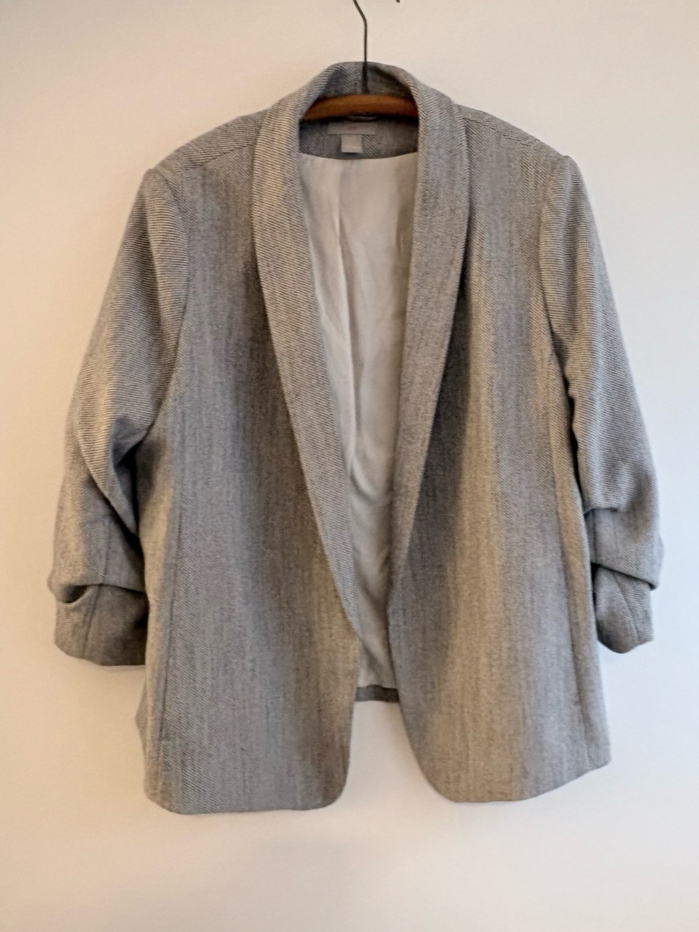 Blue-grey open tweed blazer with pushed-up sleeves. Sz XXL